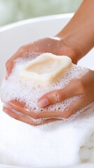 Fototapeta premium Hands holding a bar of soap with bubbles, white isolated background