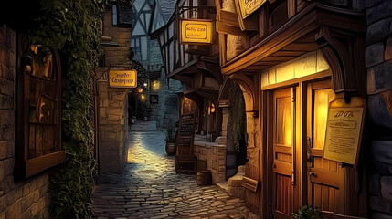 Fototapeta premium A medieval alleyway at dusk, lined with quaint, timber-framed buildings and cobblestone streets. Ivy creeps up walls, lanterns glow against moonlit shadows, signs hang above small shop entrances.