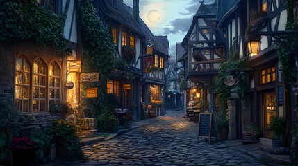 Fototapeta premium A medieval alleyway at dusk, lined with quaint, timber-framed buildings and cobblestone streets. Ivy creeps up walls, lanterns glow against moonlit shadows, signs hang above small shop entrances.