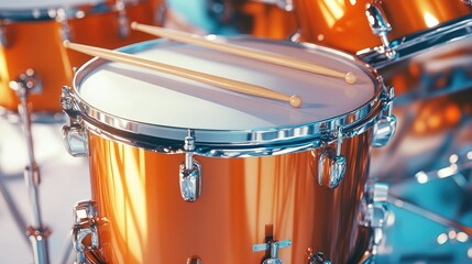Fototapeta premium A close-up of a bright snare drum with sticks on top, surrounded by other parts of the drum set, isolated on a white background in 3D