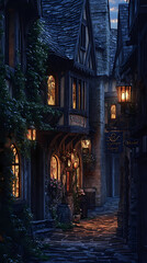 Naklejka premium A medieval alleyway at dusk, lined with quaint, timber-framed buildings and cobblestone streets. Ivy creeps up walls, lanterns glow against moonlit shadows, signs hang above small shop entrances.