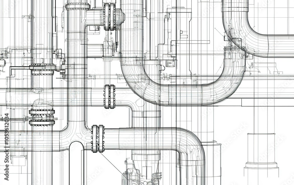 Poster detailed technical drawing of a complex piping system in an industrial setting, showcasing various c