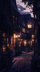 A medieval alleyway at dusk, lined with quaint, timber-framed buildings and cobblestone streets. Ivy creeps up walls, lanterns glow against moonlit shadows, signs hang above small shop entrances.