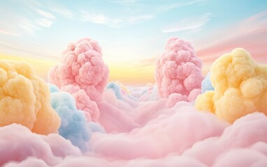 Colorful cotton candy clouds at sunset with pastel hues creating a dreamy sky above a serene landscape