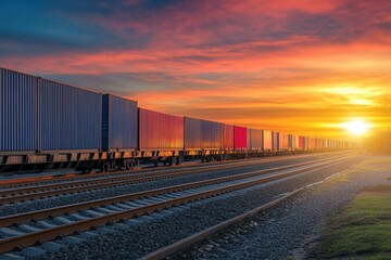 Fototapeta premium Cargo containers being loaded onto a freight train at sunrise, symbolizing land transport logistics, with the train stretching into the distance and the first light of day illuminating the scene