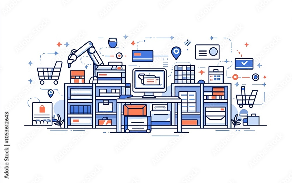 Poster modern warehouse with automated systems and inventory management tools in a busy logistics environme