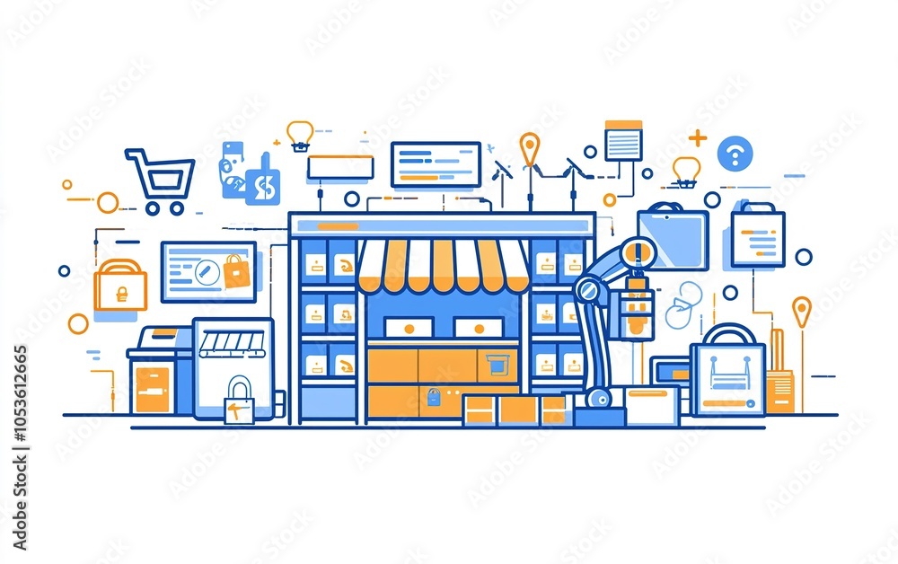 Poster modern warehouse with automation technology and digital features during daytime operational hours