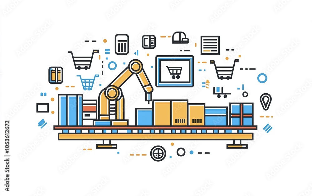 Poster an automated warehouse process with robotic arms handling packages and organizing inventory during d