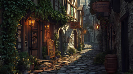 Fototapeta premium A medieval alleyway at dusk, lined with quaint, timber-framed buildings and cobblestone streets. Ivy creeps up walls, lanterns glow against moonlit shadows, signs hang above small shop entrances.