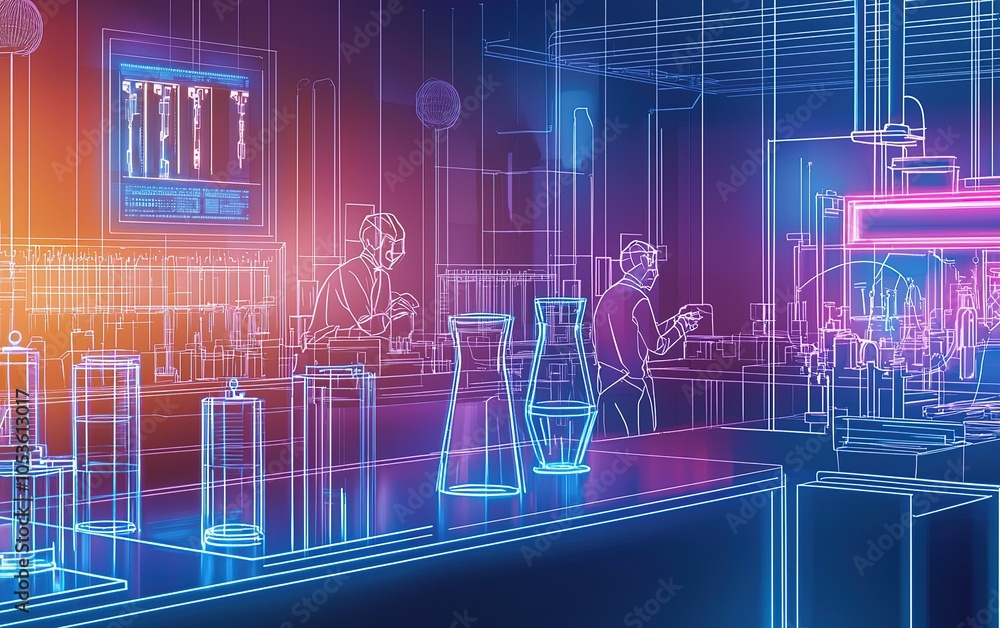 Poster modern laboratory with scientists engaged in research and experimentation using advanced technology 