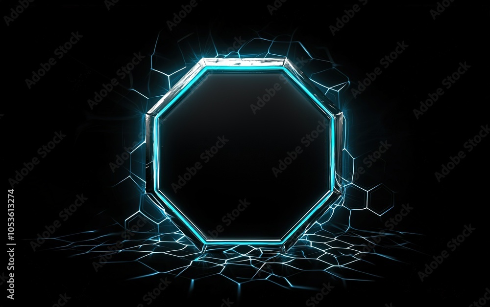 Poster a glowing octagonal frame with a black center surrounded by luminous blue hexagonal patterns in a da