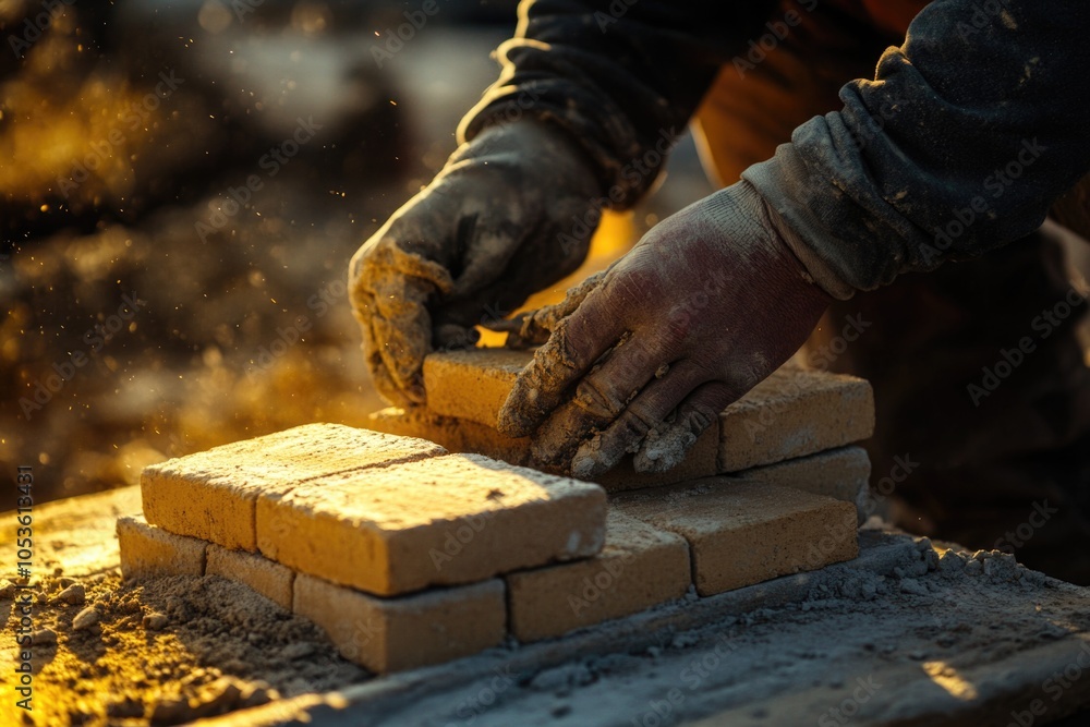 Poster a person constructing a brick using a hammer and mortar