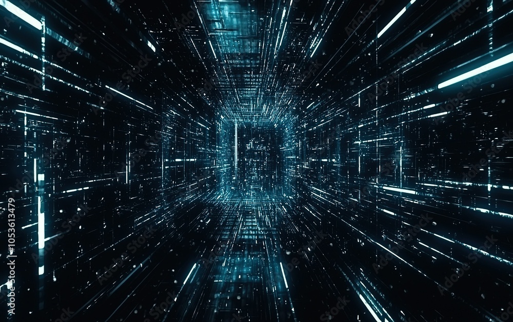 Poster a futuristic digital tunnel filled with glowing blue lines and particles, creating a mesmerizing vis
