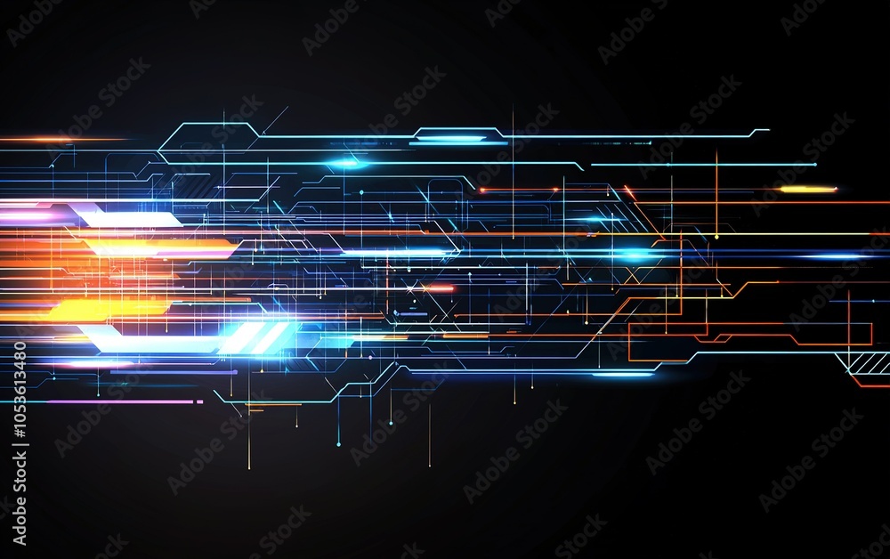 Poster vibrant abstract digital lines depicting futuristic technology and motion in a dark background setti