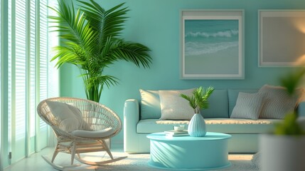 Fototapeta premium A cozy living room interior showcasing a palm on a light blue round table, set beside a rocking chair and a stylish sofa for a refreshing look.