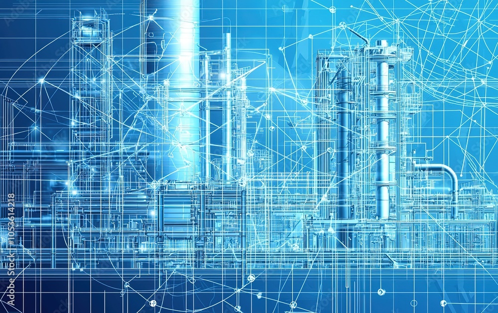 Poster industrial technology network showcasing a blue digital factory design with connected lines and stru