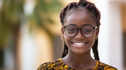 Teenaged Ghanaian girl with trendy glasses and a joyful smile.