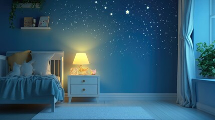 A cozy nursery interior with an empty white night table and a blue starry wall, designed to create a peaceful and imaginative environment.