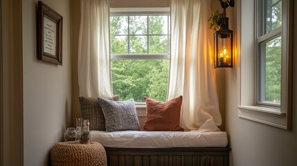 Fototapeta premium A cozy nook featuring casual look tab top curtains that add a touch of charm and warmth, creating an inviting atmosphere for relaxation.