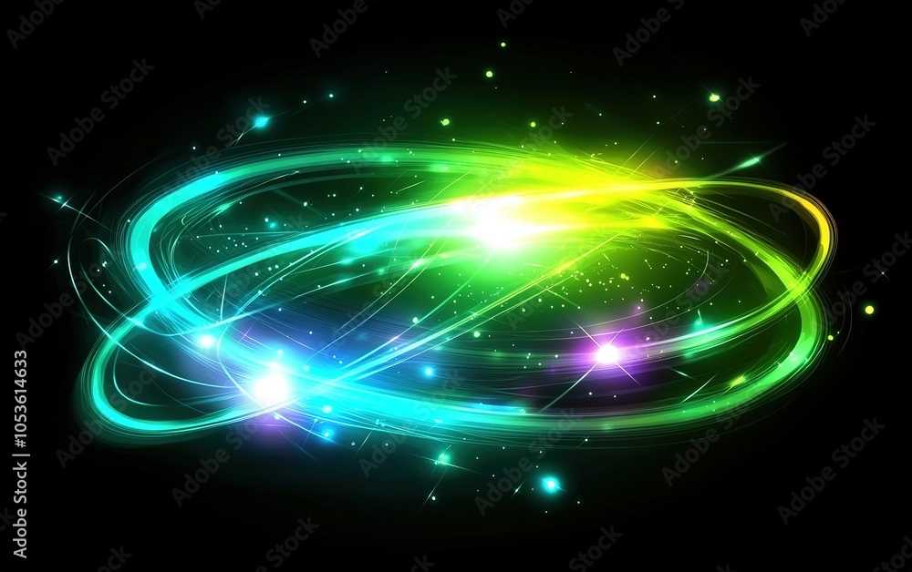 Poster colorful swirling light patterns create a mesmerizing visual effect in a dark space evoking a cosmic