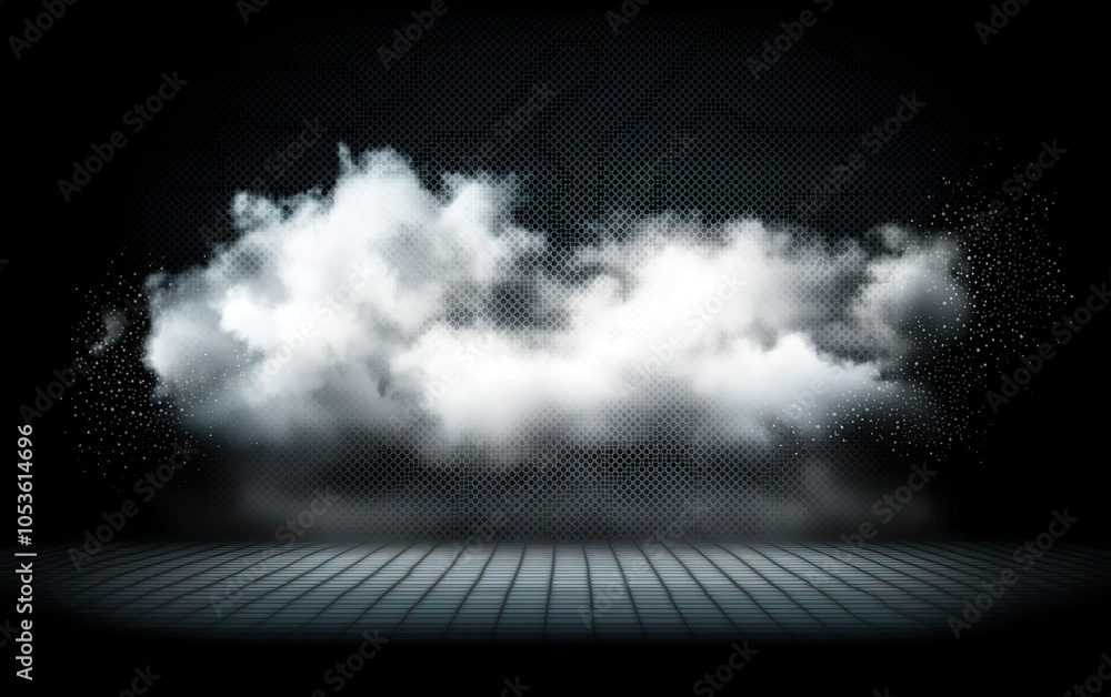 Poster realistic digital representation of a cloud hovering above a textured floor in a dark atmosphere dur