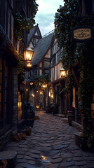 Fototapeta premium A medieval alleyway at dusk, lined with quaint, timber-framed buildings and cobblestone streets. Ivy creeps up walls, lanterns glow against moonlit shadows, signs hang above small shop entrances.