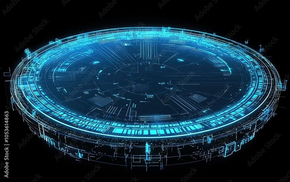 Poster futuristic digital interface with glowing blue lines and circular design, showcasing advanced techno
