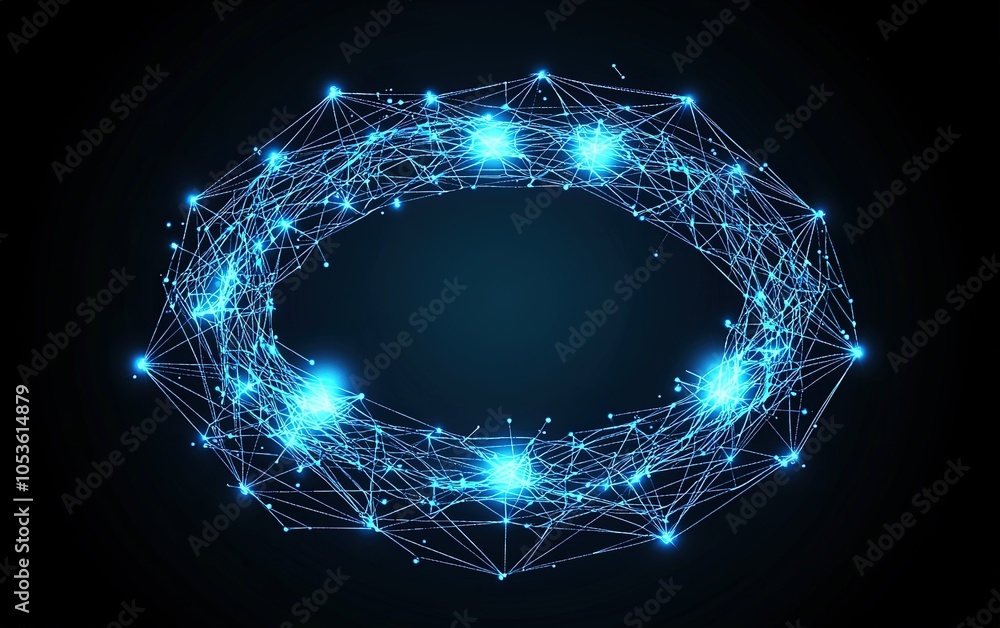 Aufkleber a digital network composed of interconnected nodes glowing in vibrant blue on a dark backdrop, symbo