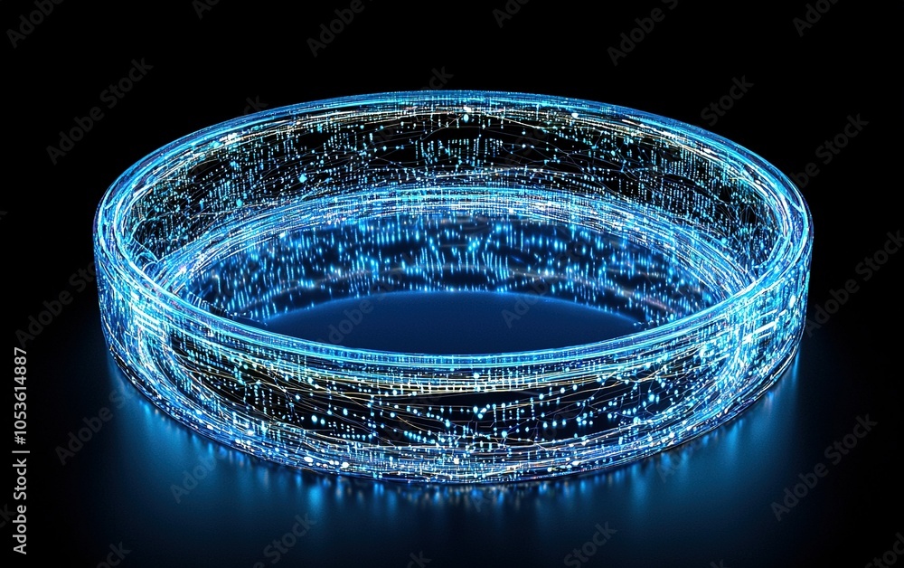 Poster a luminous blue circular digital formation displaying flowing data patterns in a dark setting