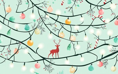 Colorful winter decorations with reindeer, ornaments, and lights on branches in a festive design for the holiday season