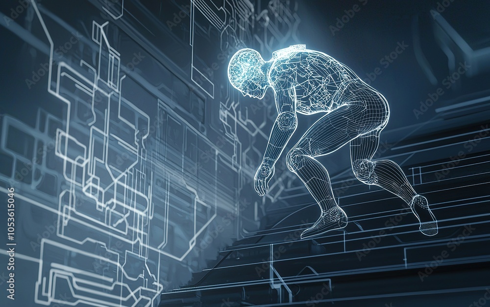 Poster a digital humanoid figure interacting with a high-tech environment in a futuristic setting showcasin