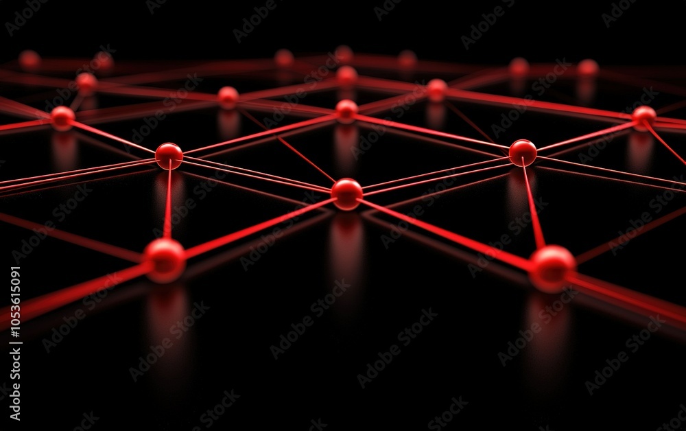 Poster red network of interconnected nodes showcasing geometric patterns in a dark setting