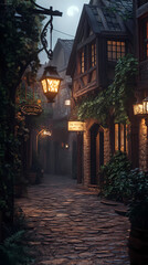 Fototapeta premium A medieval alleyway at dusk, lined with quaint, timber-framed buildings and cobblestone streets. Ivy creeps up walls, lanterns glow against moonlit shadows, signs hang above small shop entrances.