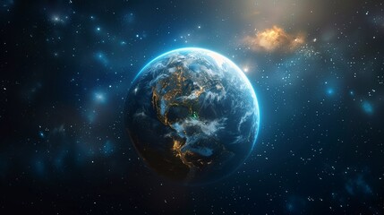Naklejka premium The highlights Earth illuminated by distant stars and cosmic clouds, showcasing its beauty