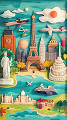 Vibrant travel postcard featuring cartoon style plane and iconic landmarks