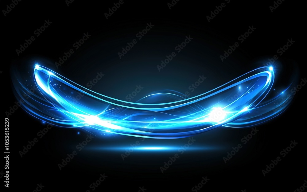 Poster dynamic blue light trails creating an abstract design on a dark background during a digital art show
