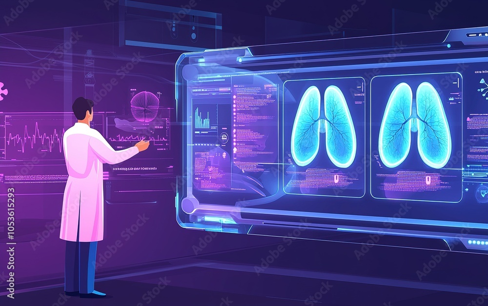 Poster a medical professional analyzes advanced lung scan data in a futuristic healthcare setting using int