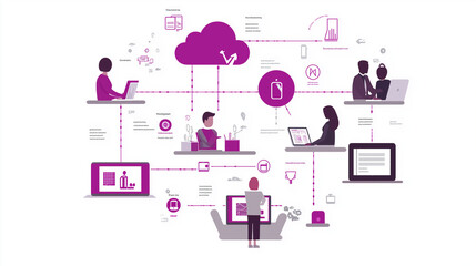 Illustration of a team working in a digital environment powered by cloud systems, representing online collaboration, seamless connectivity, and flexible workflows for modern business and tech projects