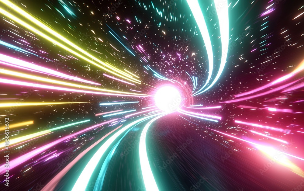 Poster a vibrant and colorful representation of light streaks in a dynamic spiral pattern heading toward a 