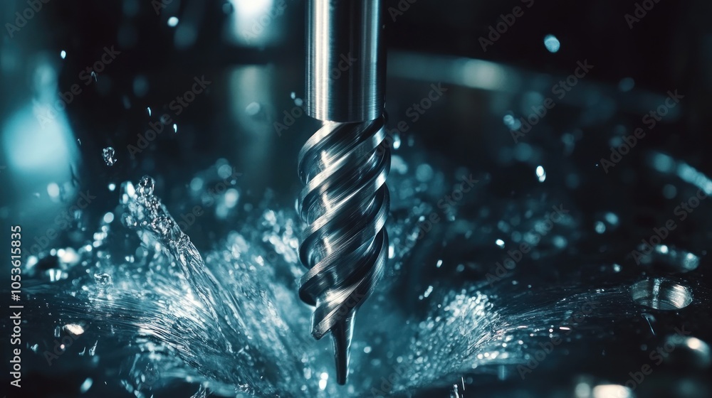 Poster close-up of a drill bit creating splashes in a machining process.