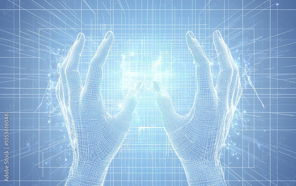 Poster futuristic hands manipulating digital energy in a grid-like environment during a virtual interaction