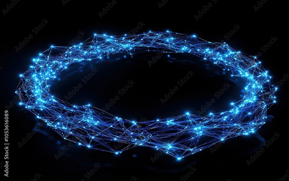 Poster abstract representation of a glowing blue circular network structure against a black background, sym