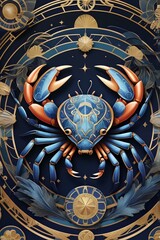 Cancer Zodiac Astrology Symbol - Art Deco Crab Illustration with Deep Purple, Burnt Orange, and Midnight Blue Accents; Elegant Digital Artwork of Water Sign