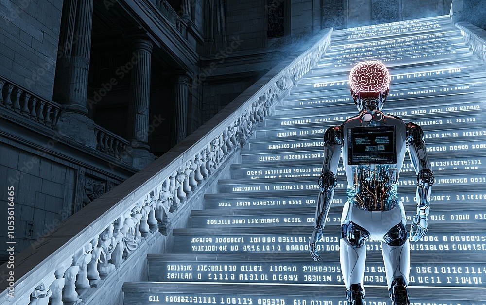Aufkleber a humanoid robot ascends illuminated steps filled with flowing digital data in a futuristic architec