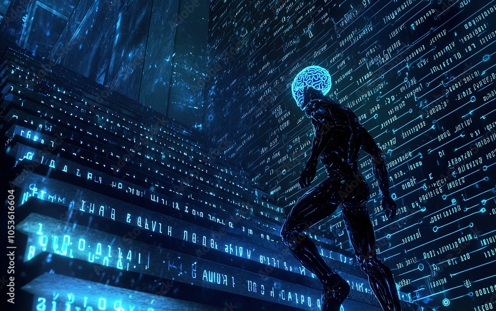Poster a futuristic figure ascends glowing steps surrounded by digital code during a cybernetic exploration