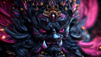 Fototapeta premium Close-up of a menacing demon sculpture with glowing pink eyes and sharp teeth.