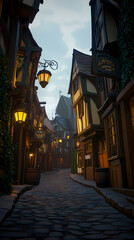 Fototapeta premium A medieval alleyway at dusk, lined with quaint, timber-framed buildings and cobblestone streets. Ivy creeps up walls, lanterns glow against moonlit shadows, signs hang above small shop entrances.