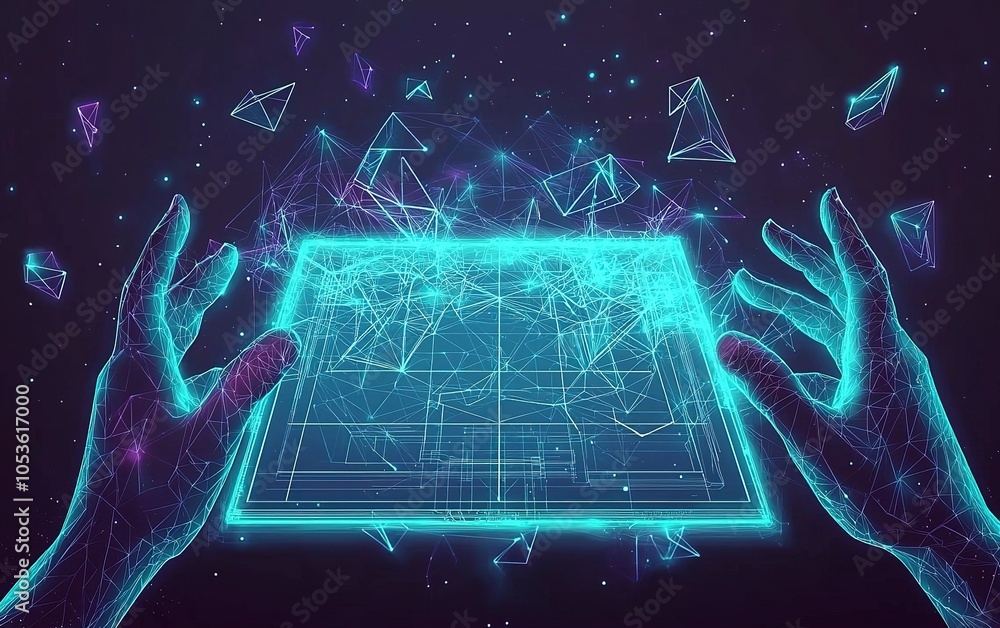 Poster hands interacting with a glowing, futuristic holographic interface displaying digital data and geome