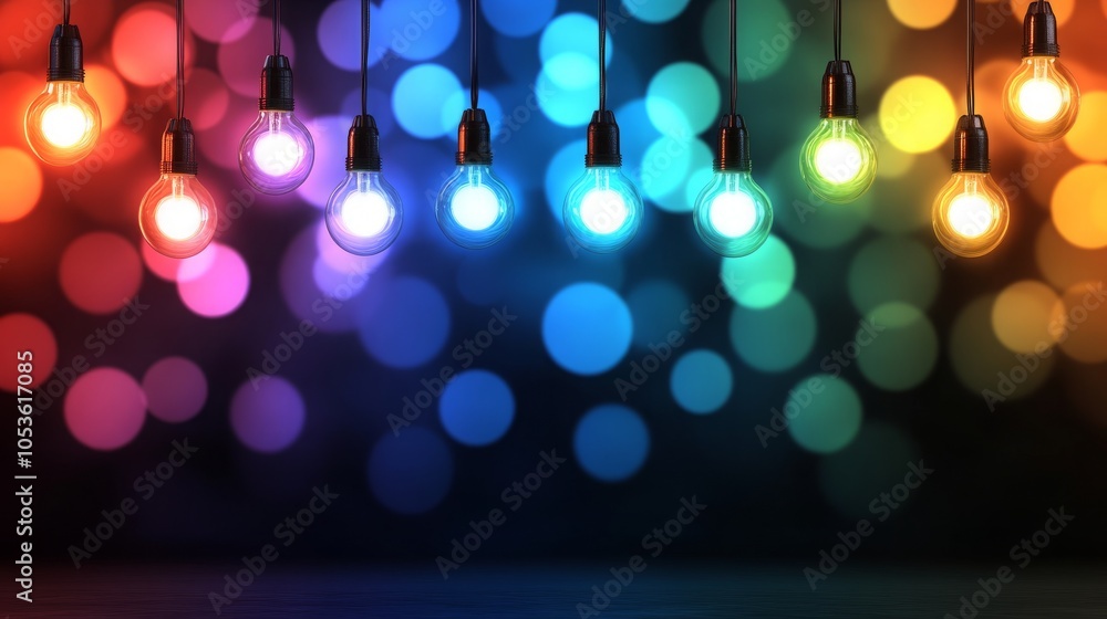 Aufkleber a row of light bulbs hang in front of a bokeh background of vibrant colors, creating a festive and c