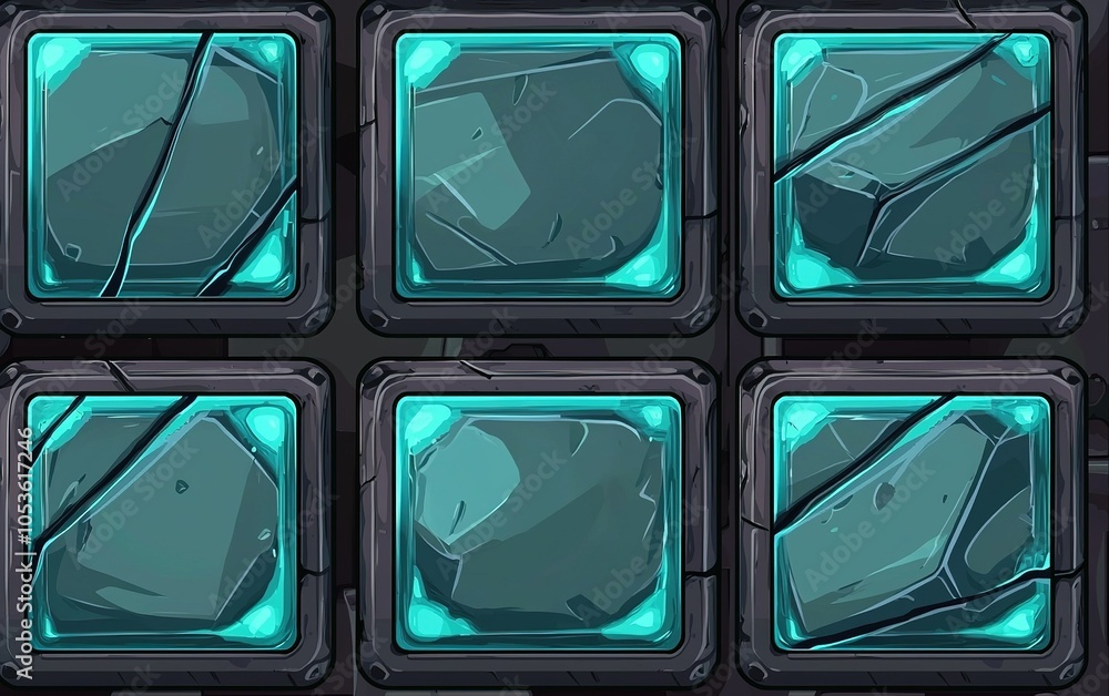Poster brightly colored energy blocks with cracked stone patterns on a futuristic gaming interface during a